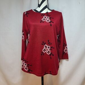 Francesca's Collections Red, Black & White Embroidered Floral 3/4 Sleeve Top